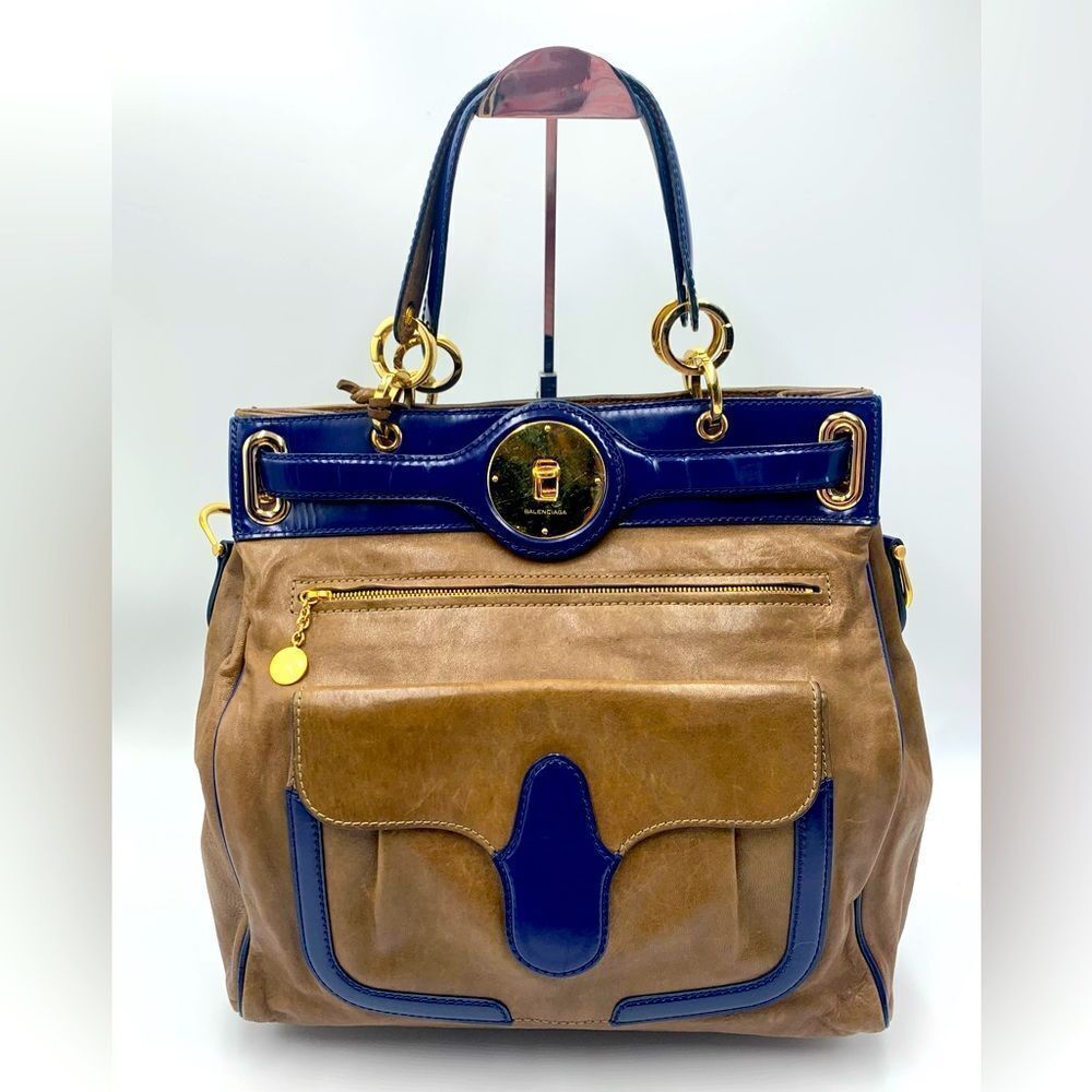 Auth Balenciaga Smooth Brown Leather Navy Patent Top Handle Moon Bag Preloved - Picture 1 of 14
